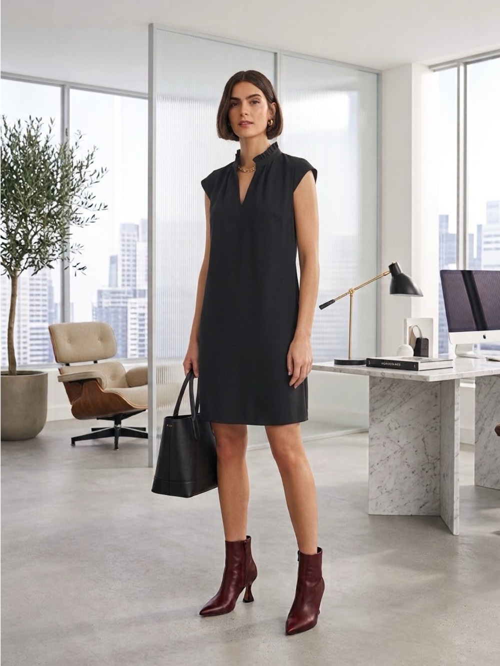 Whistles Black Ruffle Collar Relaxed Sleeveless Shift Dress - Large